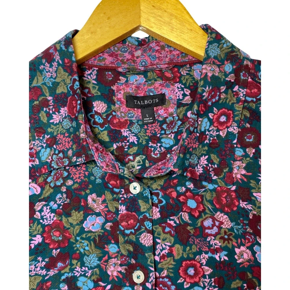Talbots Womens Floral Button Down Shirt Teal Burgundy Cotton Rayon Size L Fall